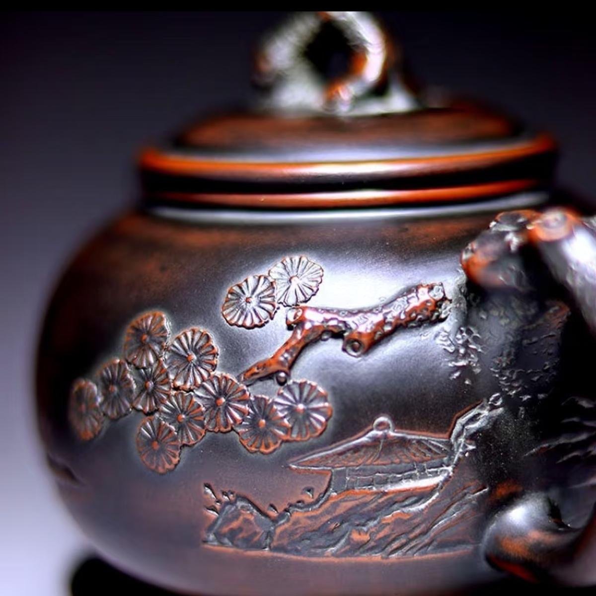 Hand-carved Nixing clay teapot, Pine Leaf style - product detail view 6