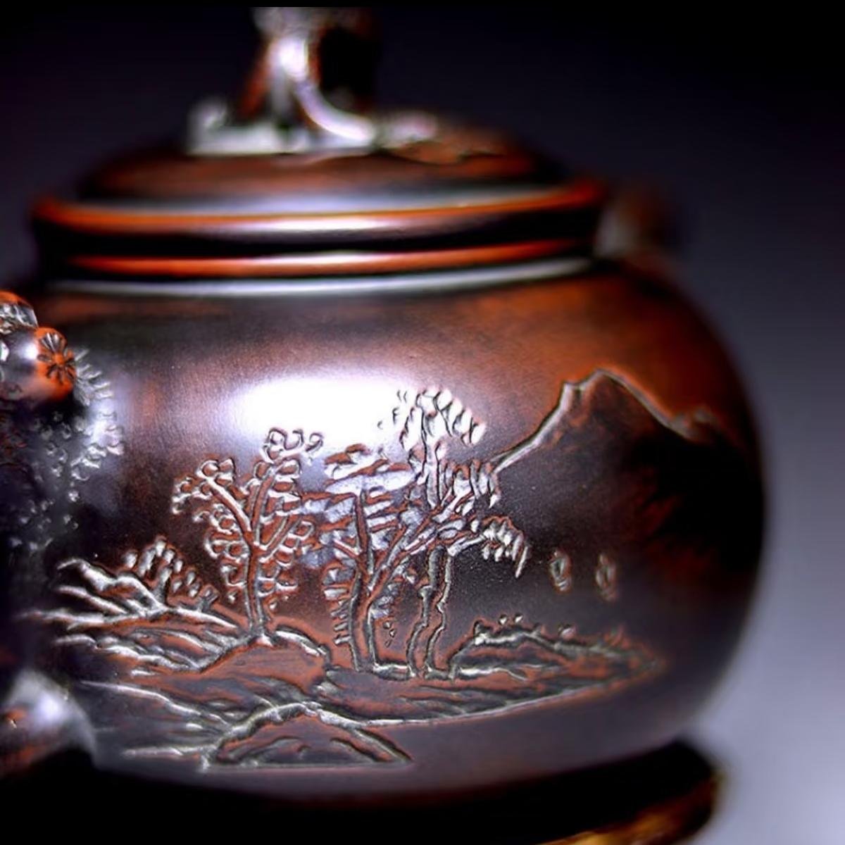 Hand-carved Nixing clay teapot, Pine Leaf style - product detail view 8