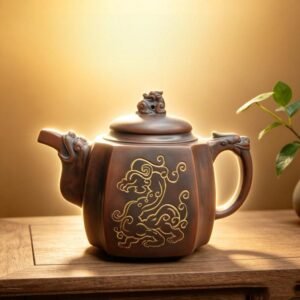 Handmade Nixing clay teapot, Dragon Soaring Square style - artisan pottery from Qinzhou, China