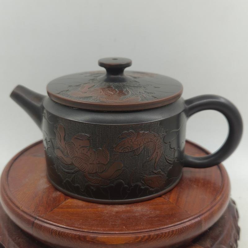 Handmade Nixing clay teapot, Lotus & Fish style - artisan pottery from Qinzhou, China