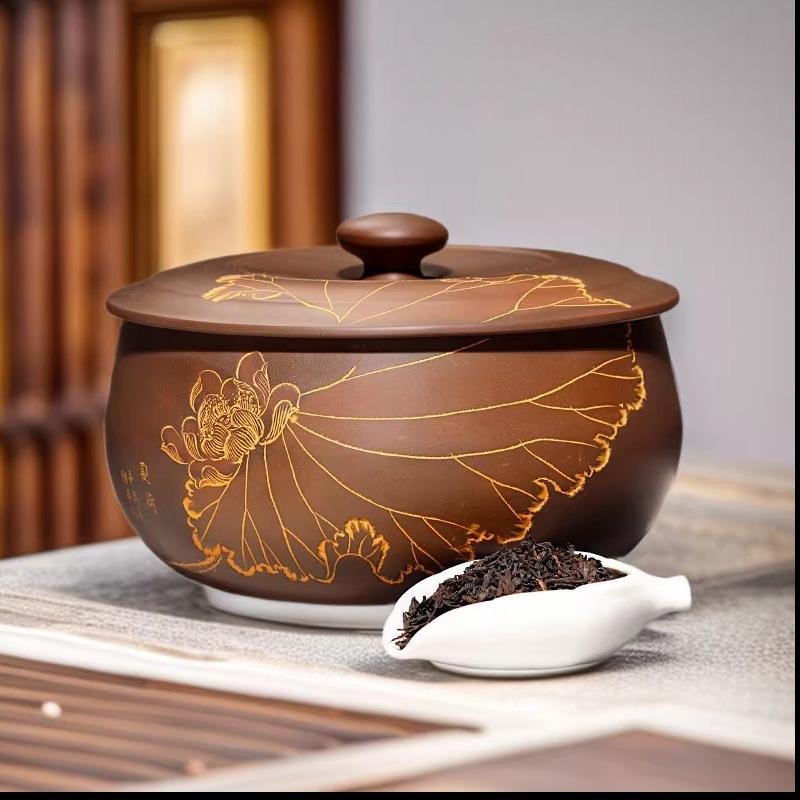 Handmade Nixing clay tea caddy, Lotus style - artisan pottery from Qinzhou, China