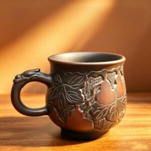 Handmade Nixing clay tasting cup, Gourd Relief style - artisan pottery from Qinzhou, China