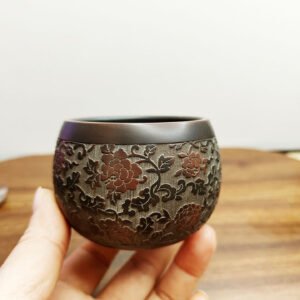 Handmade Nixing clay tasting cup, Peony Carved style - artisan pottery from Qinzhou, China