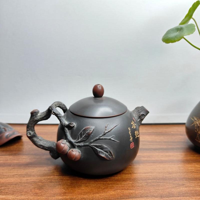 Handmade Nixing clay teapot, Persimmon Good Luck style - artisan pottery from Qinzhou, China