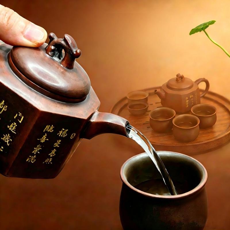 Hand-carved Nixing clay teapot, Octagonal style - product detail view 2
