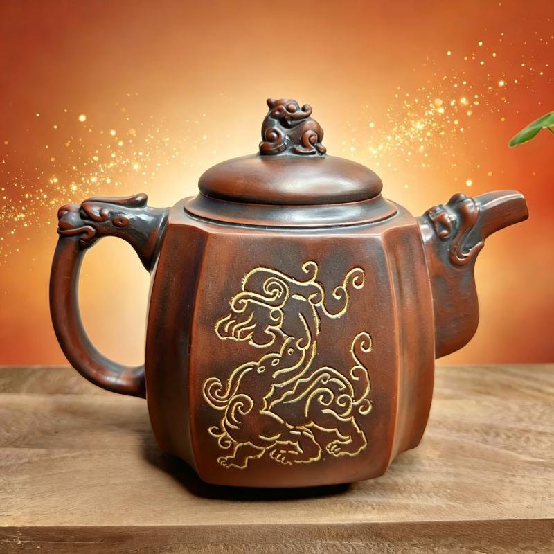 Hand-carved Nixing clay teapot, Dragon Soaring Square style - product detail view 2