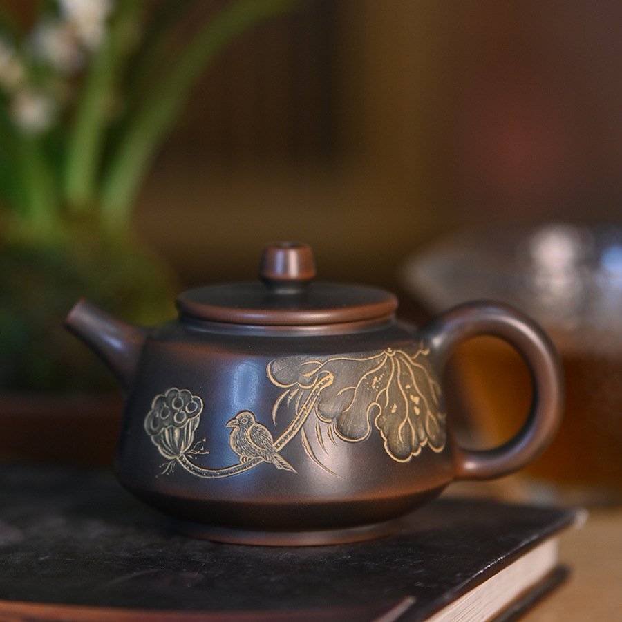 Handmade Nixing clay teapot, Relief-Carved Overlord style - artisan pottery from Qinzhou, China