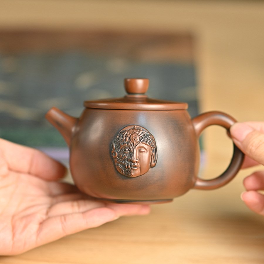Hand-carved Nixing clay teapot, Barrel of Gold style - product detail view 2