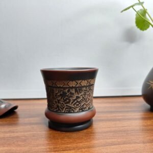 Handmade Nixing clay tasting cup, Hundred Blessings Carved style - artisan pottery from Qinzhou, China