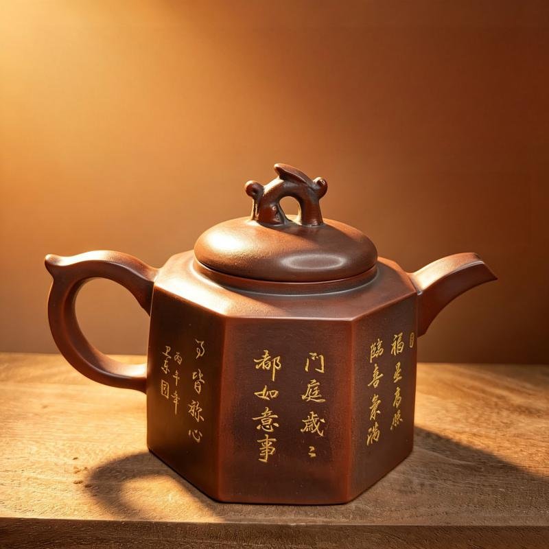 Hand-carved Nixing clay teapot, Octagonal style - product detail view 3
