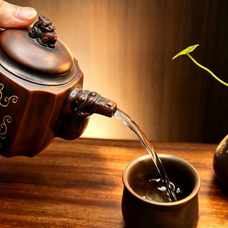 Hand-carved Nixing clay teapot, Dragon Soaring Square style - product detail view 3