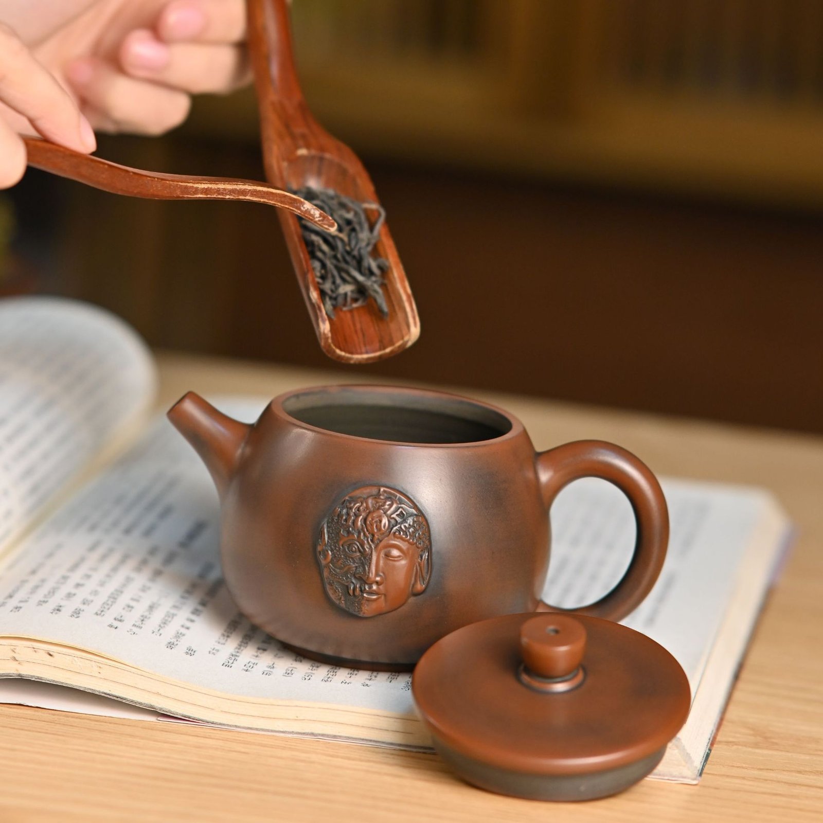 Hand-carved Nixing clay teapot, Barrel of Gold style - product detail view 3