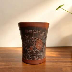 Handmade Nixing clay tasting cup, Zen Relief style - artisan pottery from Qinzhou, China