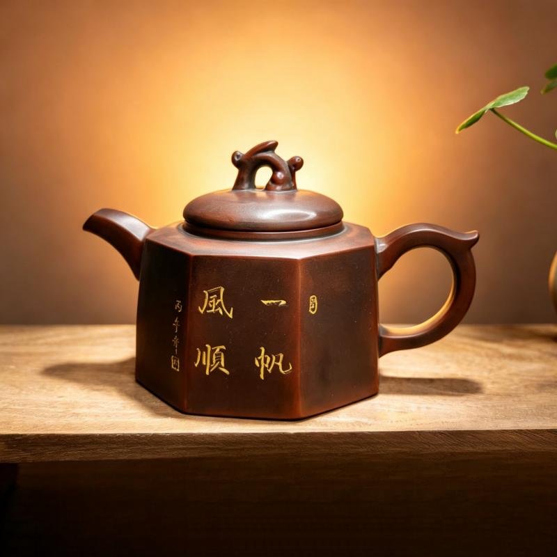 Hand-carved Nixing clay teapot, Octagonal style - product detail view 4