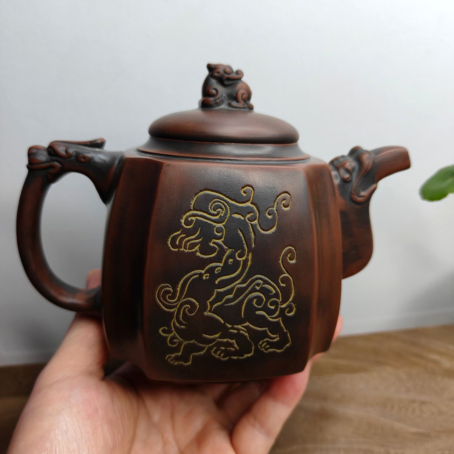 Hand-carved Nixing clay teapot, Dragon Soaring Square style - product detail view 4
