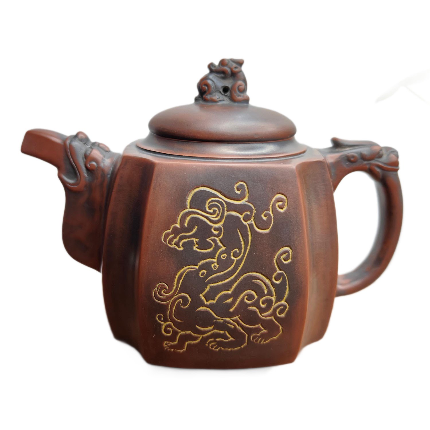 Hand-carved Nixing clay teapot, Dragon Soaring Square style - product detail view 5