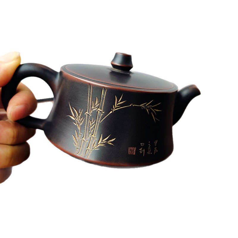 Hand-carved Nixing clay teapot, Column-Base Wide-Mouth style - product detail view 5