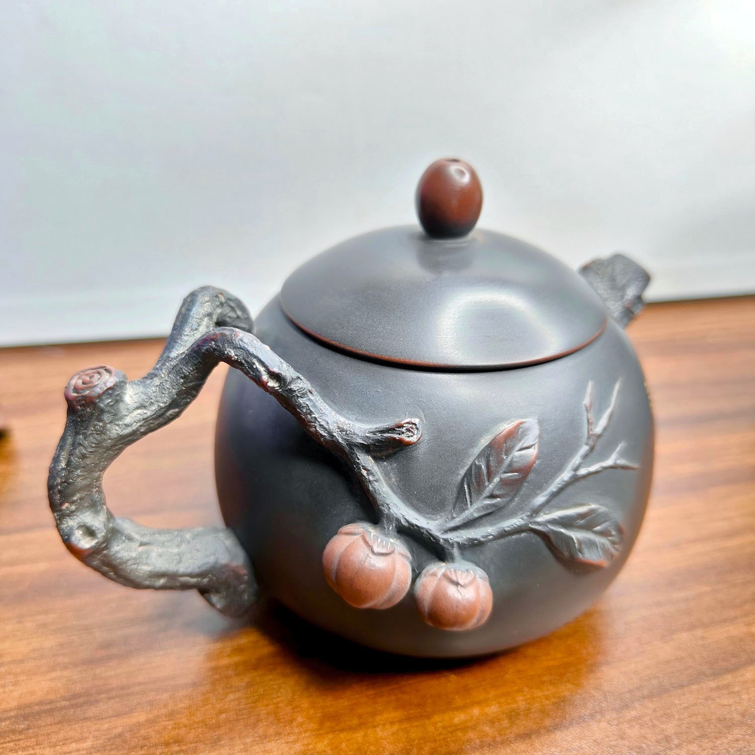 Hand-carved Nixing clay teapot, Persimmon Good Luck style - product detail view 5